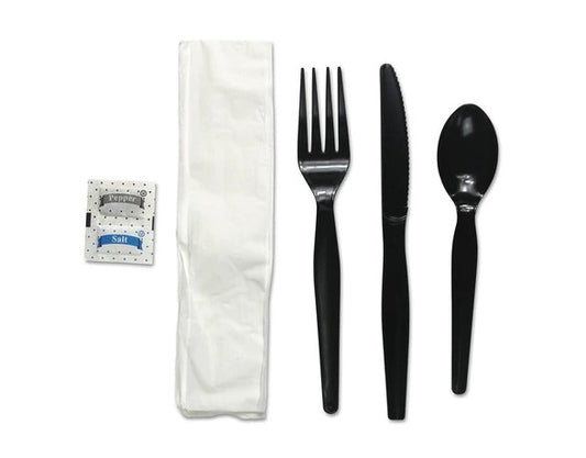 POLYSTYRENE BLACK HEAVY KNIFE, FORK, TEASPOON, SALT & PEPPER,NAPKIN 250 - Closeout Korner